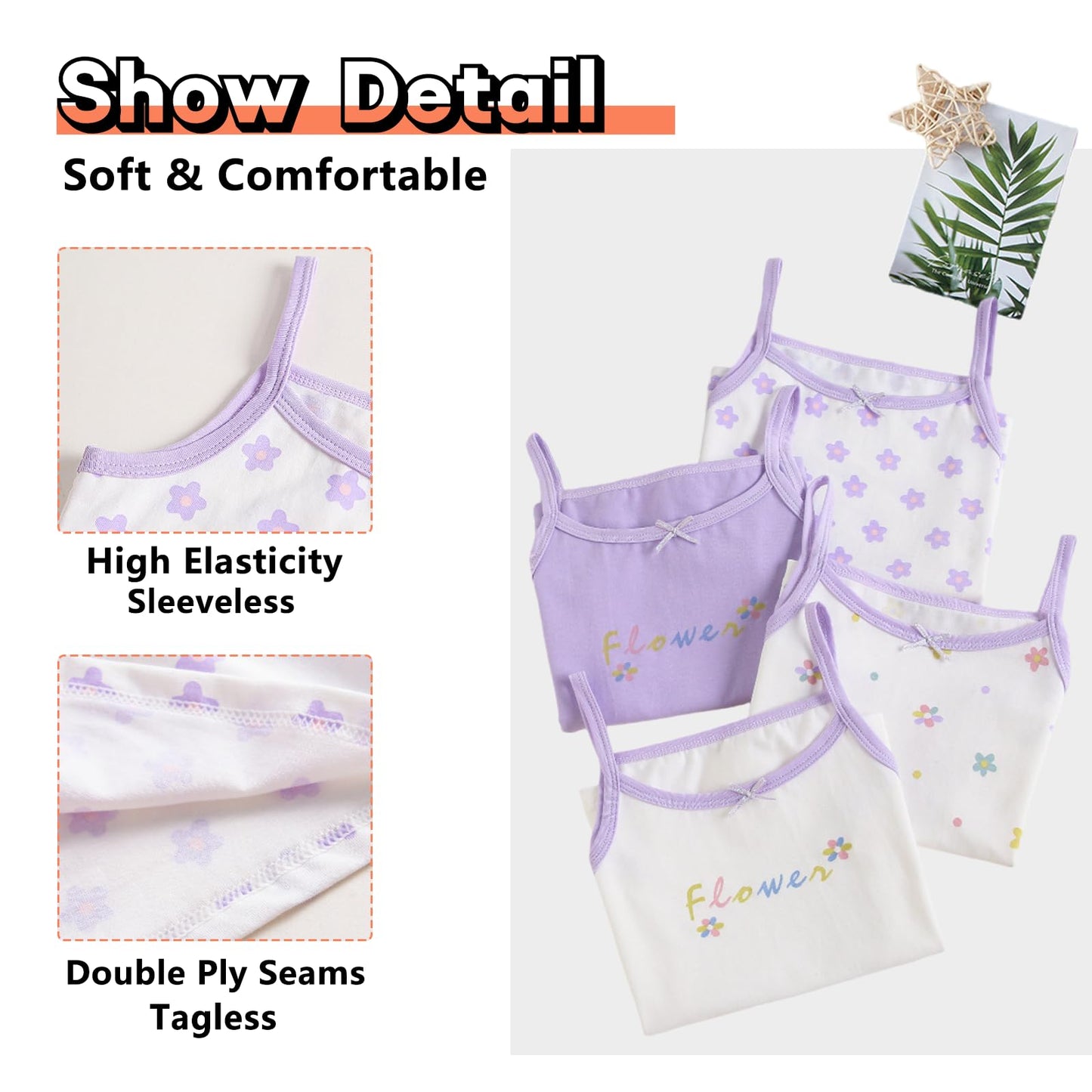 Tolmaiertu 2-10 Years Girls Cotton Vests Tank Top Camisole Soft Tagless Cami Kids Undershirts 5 Pack