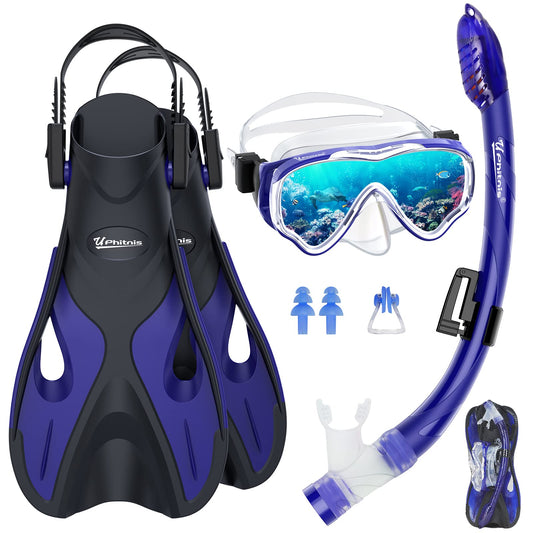 UPhitnis Kinderschnorchelset mit Flossen, Antibeschlag 180° Panorama Taucherbrille, verstellbare Schwimmflossen und Premium Dry Schnorchel, 3-in-1 Schnorchelset für Kinder mit Tragetasche
