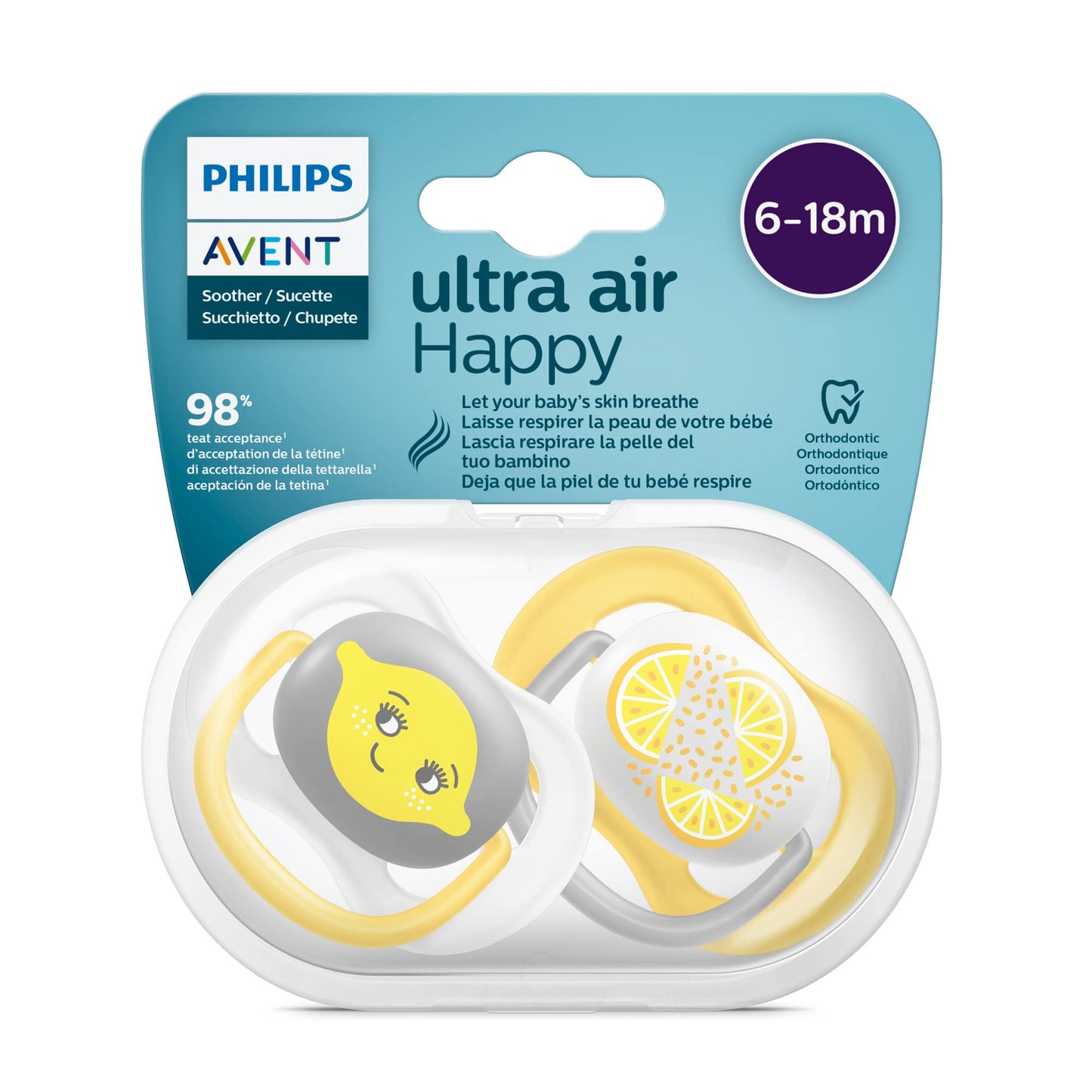 Philips Avent ultra air Schnuller - 4er Pack, BPA-freier, atmungsaktiver Schnuller für Babys von 6-18 Monaten, inklusive Transport- und Sterilisationsbox, Schildkröte/Wal (Modell SCF085/66) - Meloni2