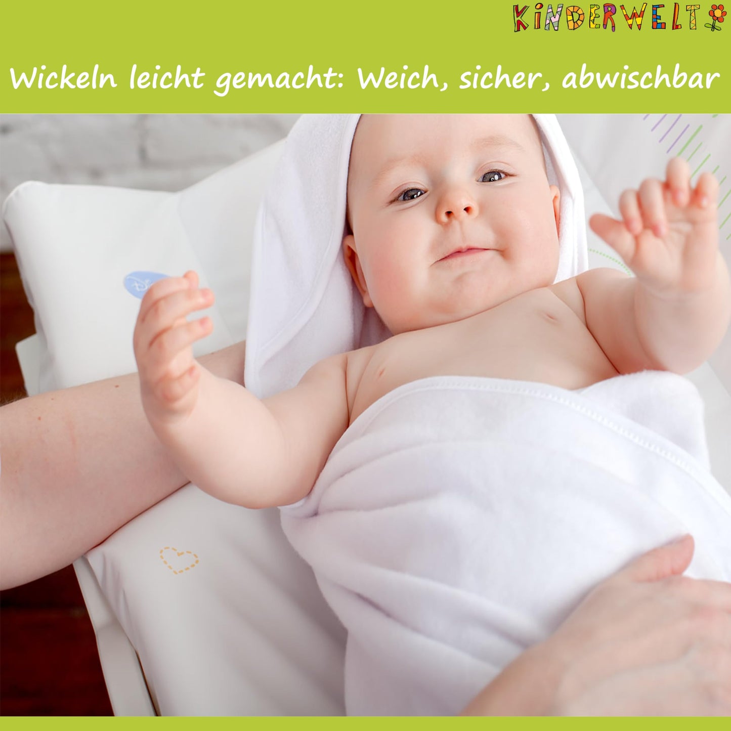KiNDERWELT Premium Wickelauflage, wasserdichte Wickelunterlage mit Hippo, 50x70 cm, abwaschbare Wickeltischauflage in Weiß, leicht zu tragen, erhöhter Liegekomfort