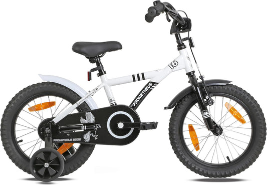 PROMETHEUS BICYCLES Kinderfahrrad 16 Zoll ab 5 Jahren - Kinder Fahrrad Mädchen Jungen Fahrrad Kinder mit Stützräder Rücktrittbremse in Weiss Schwarz - Meloni2