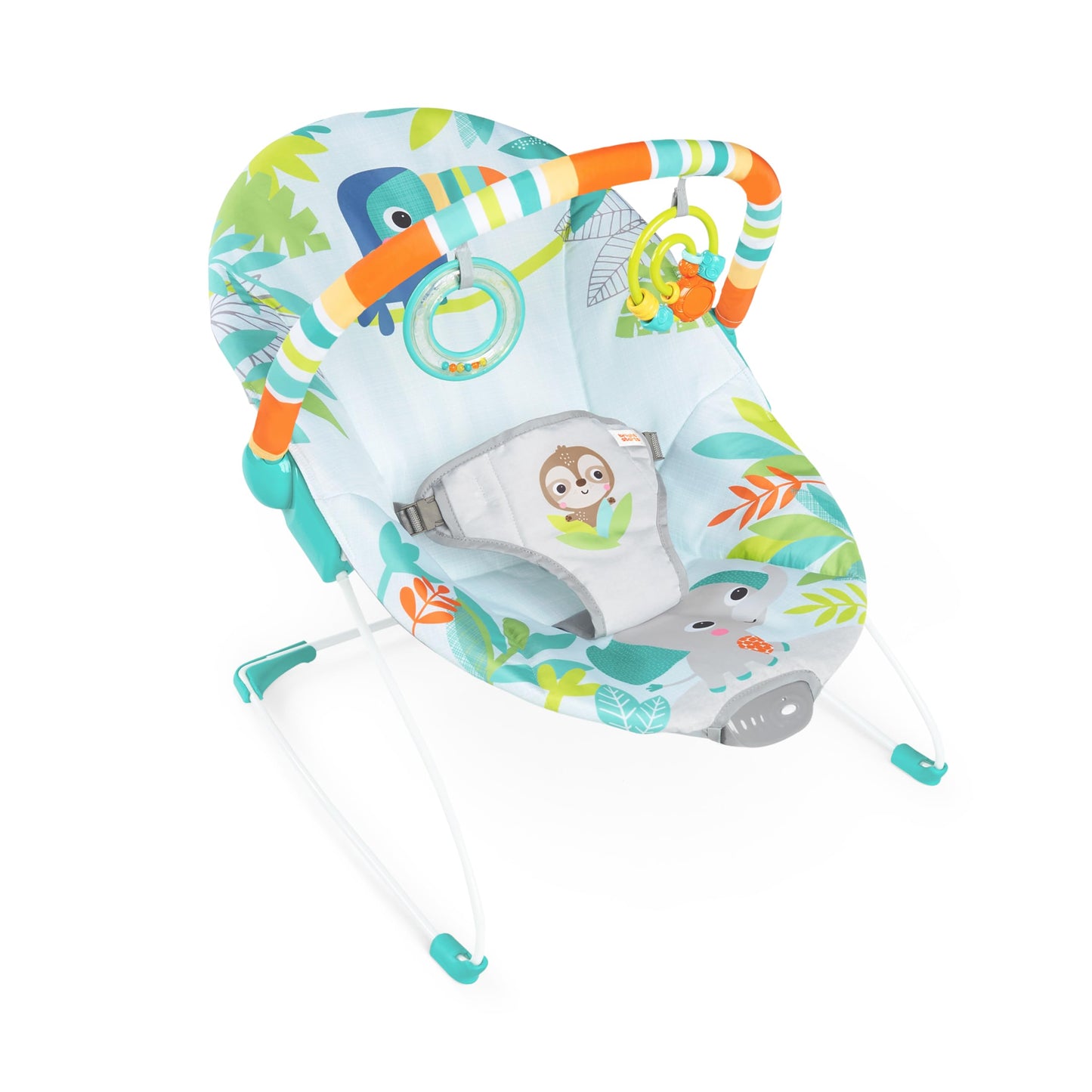 Bright Starts, Babywippe Babyschaukel Safari Fun mit Beruhigenden Vibrationen, Spielbogen mit 2 Spielzeugen, 3-Punkte-Gurt Sitz, Maschinenwaschbares Sitzpolster, ab der Geburt bis 9kg