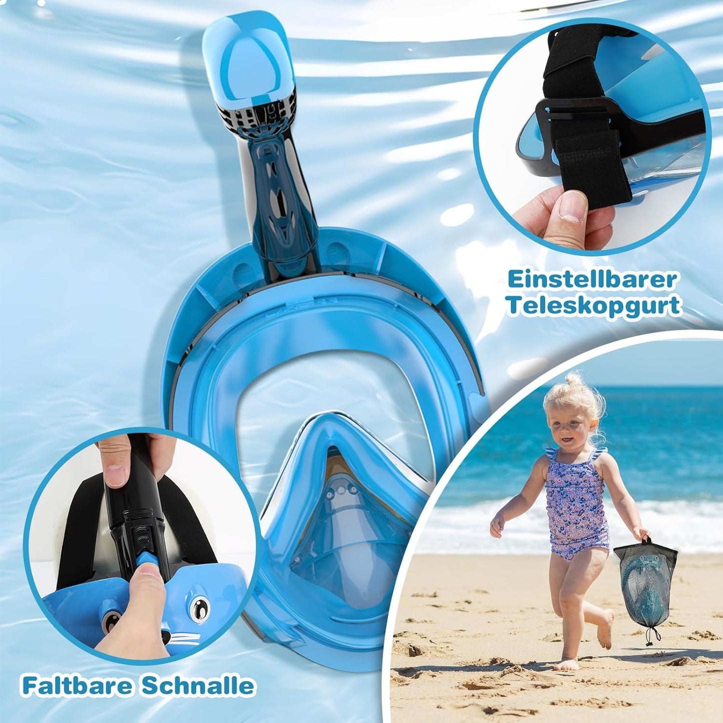 Schnorchelmaske Kinder Vollmaske – CO₂ sichere Tauchmaske ab 6 Jahren mit Anti-Beschlag, Anti-Leck, 180° Sichtfeld – Schnorchel Vollgesichtsmaske inkl. Silikon & Tragetasche