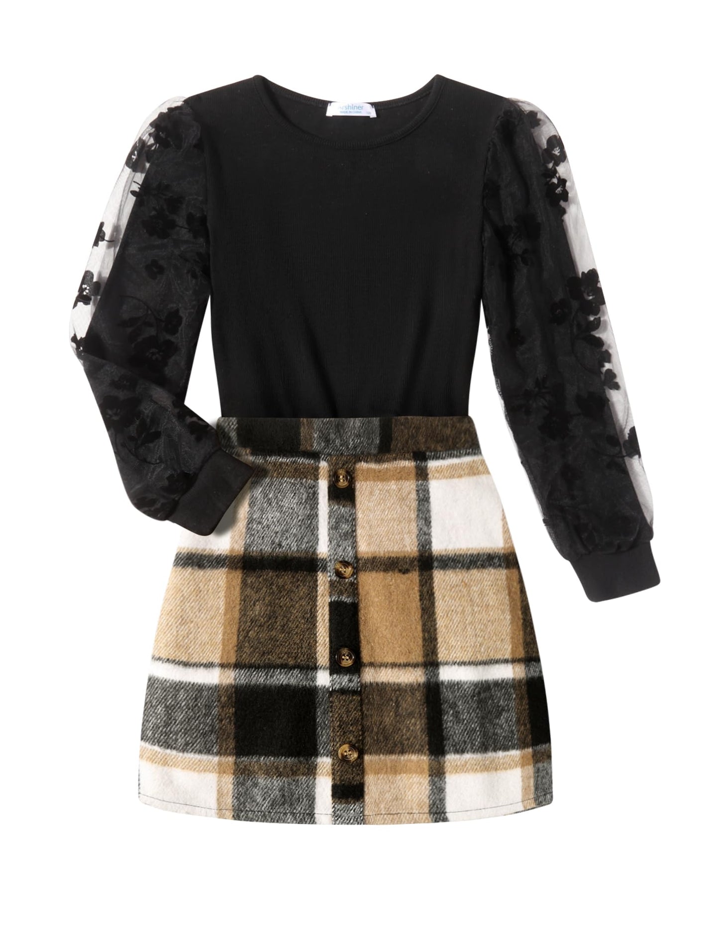Arshiner Girls' Clothing Sets Elegant Long Sleeve Shirt with Skirt Set Children's Autumn Winter Outfit Checked Leisure Fashion Two Piece Clothing Sets for Girls 5-13 Years