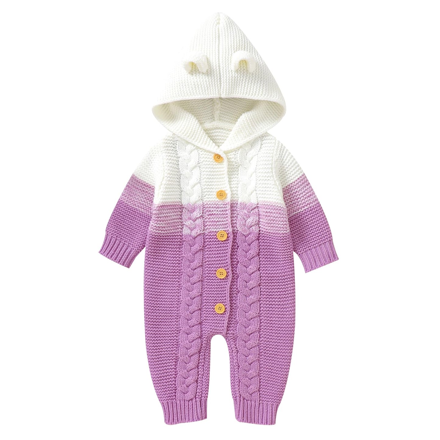 OBEEII Newborn Baby Knitted Romper Jumpsuit with Hood Ear Onesies Pullover Winter Warmer Onesie Bodysuit for Boys Girls