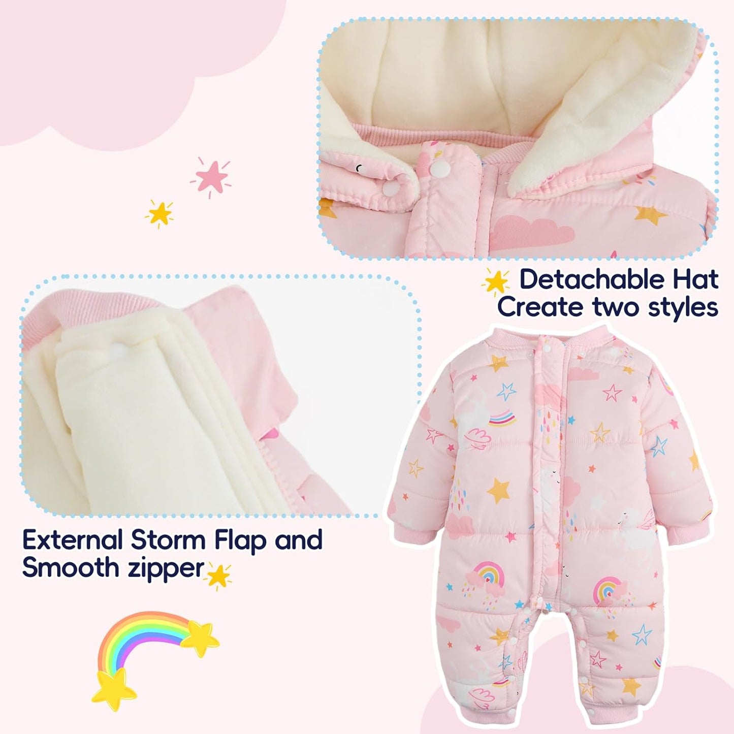 JiAmy Baby Snowsuit, Toddler Winter Romper Girls Boys Winter Jumpsuit with Hood Long Sleeve Jumpsuit Cute Prints for 3-24 Months