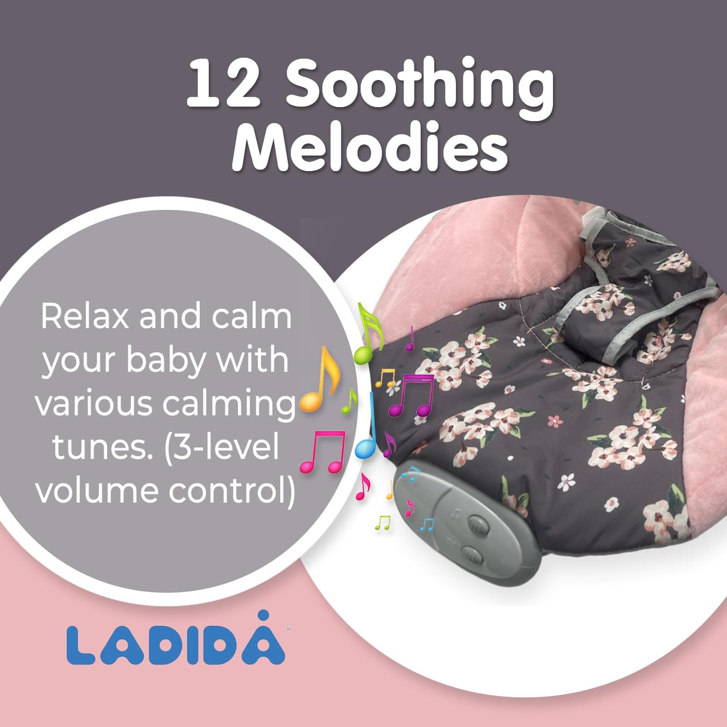 Ladida Babywippe mit beruhigenden Vibrationen, Musikmelodien, maschinenwaschbarem Sitzpolster, rutschfesten Füßen und abnehmbarem Spielzeugbügel mit 2 schönen Spielzeugen 148