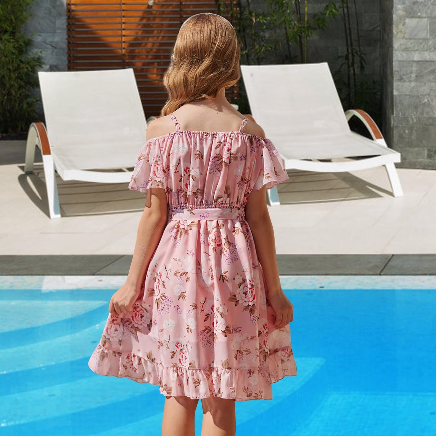 cenozo Casual Dresses for Girls, Chiffon Floral Dress, Off-the-Shoulder Summer Dress with Adjustable Straps, Leisure with Ruffle Sleeves, for Girls Aged 6 to 14 Years
