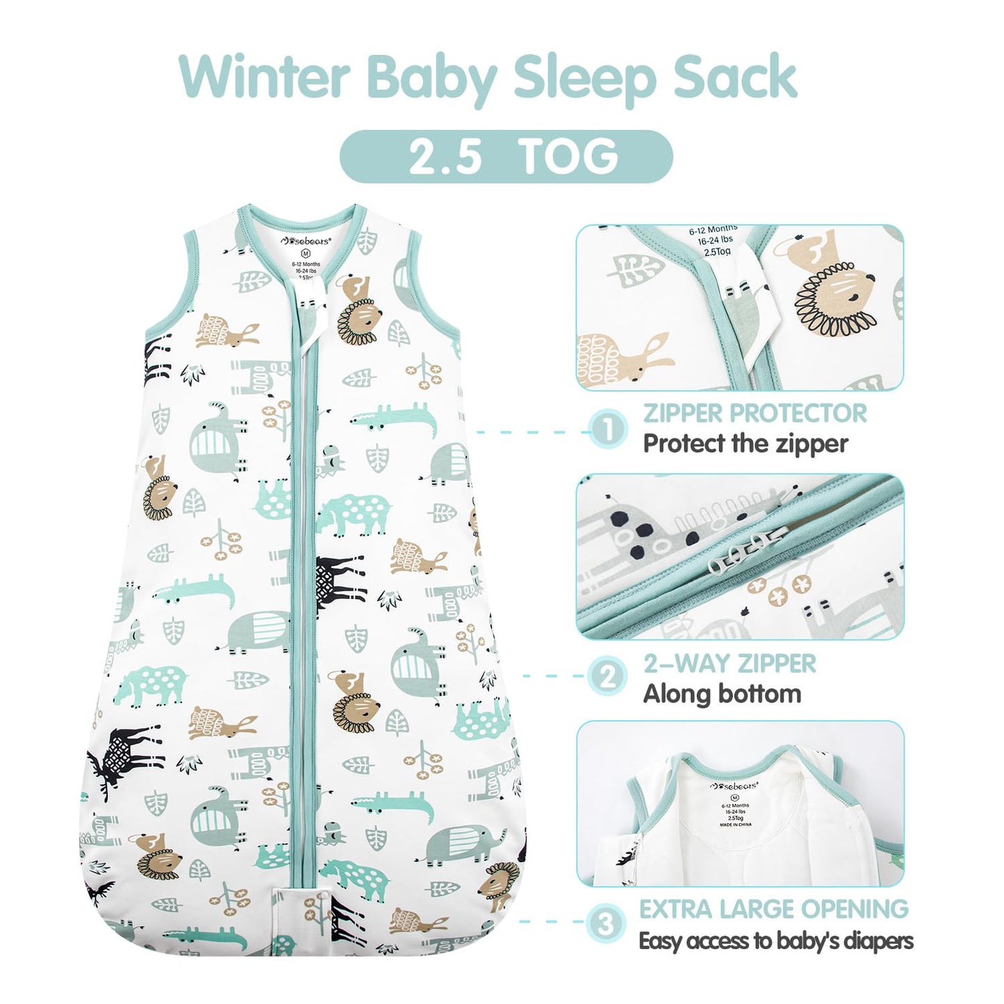 Mosebears Baby Sleeping Bag Winter 2.5 Tog, 100% Cotton Baby Winter Sleeping Bag for Babies 0-24 Months, M (6-12 Months)