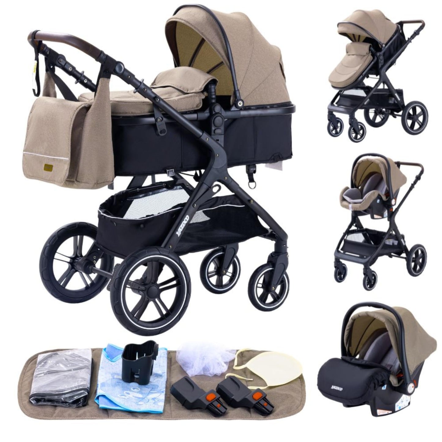 YAZOCO Kompakter 3 in 1Kinderwagen Anstout Terrain Luxus Hohe Landschaft Vierfacher Kinderwagen 0-36kg Faltbarer Gehstock Baby Kinderwagen Komfort Autositz Zubehör (Schwarz)