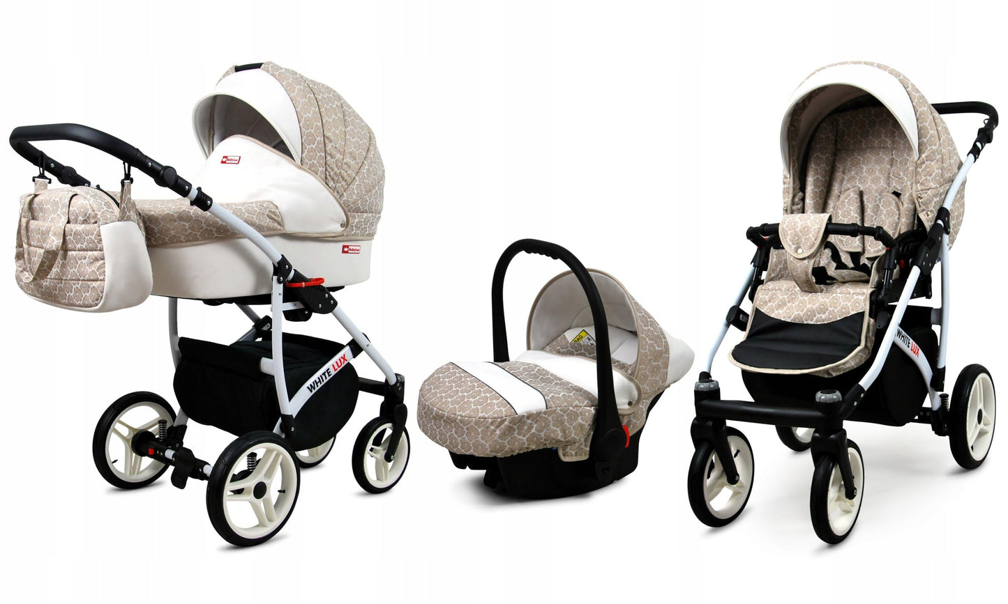 BabyLux® Bambimo Kinderwagen Set 3 in 1 - White Lux - incl. Babywanne, Buggy Sportsitz, Auto-Babyschale - Autositz - Kinderwagenset - Kombikinderwagen mit Wickeltasche, Regenschutz usw.