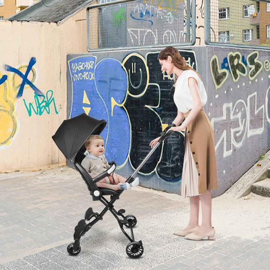 Buggy für Babys, ultraleicht, kompakt, faltbar und neigbar, von Geburt bis 25 kg, mit Trolley-System, Regenschutz inklusive, ausziehbarer Haube, C-schwarz