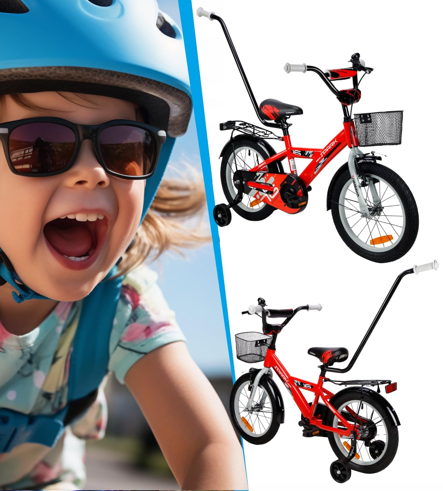 MIRAVO Kinderfahrrad Fahrrad Kinder Ab 2 Bis 8 Jahre Mit Stützrädern Schubstange V-Brake Bremsen Rückstrahl Aufkleber 12 16 20 Zoll Radgröße Korb Für Junge Spark - Meloni2