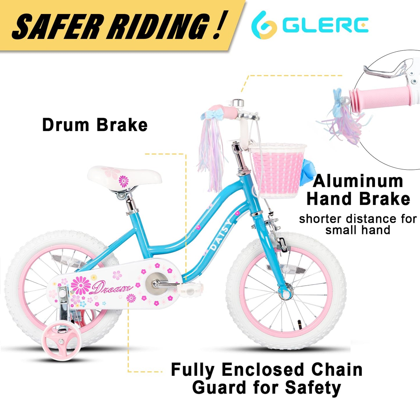 Glerc Kinderfahrrad 12/14/16 Zoll für 2-7 Jahre Mädchen Fahrrad mit Korb, Luftschlangen, Stützräder und Glocke - Meloni2