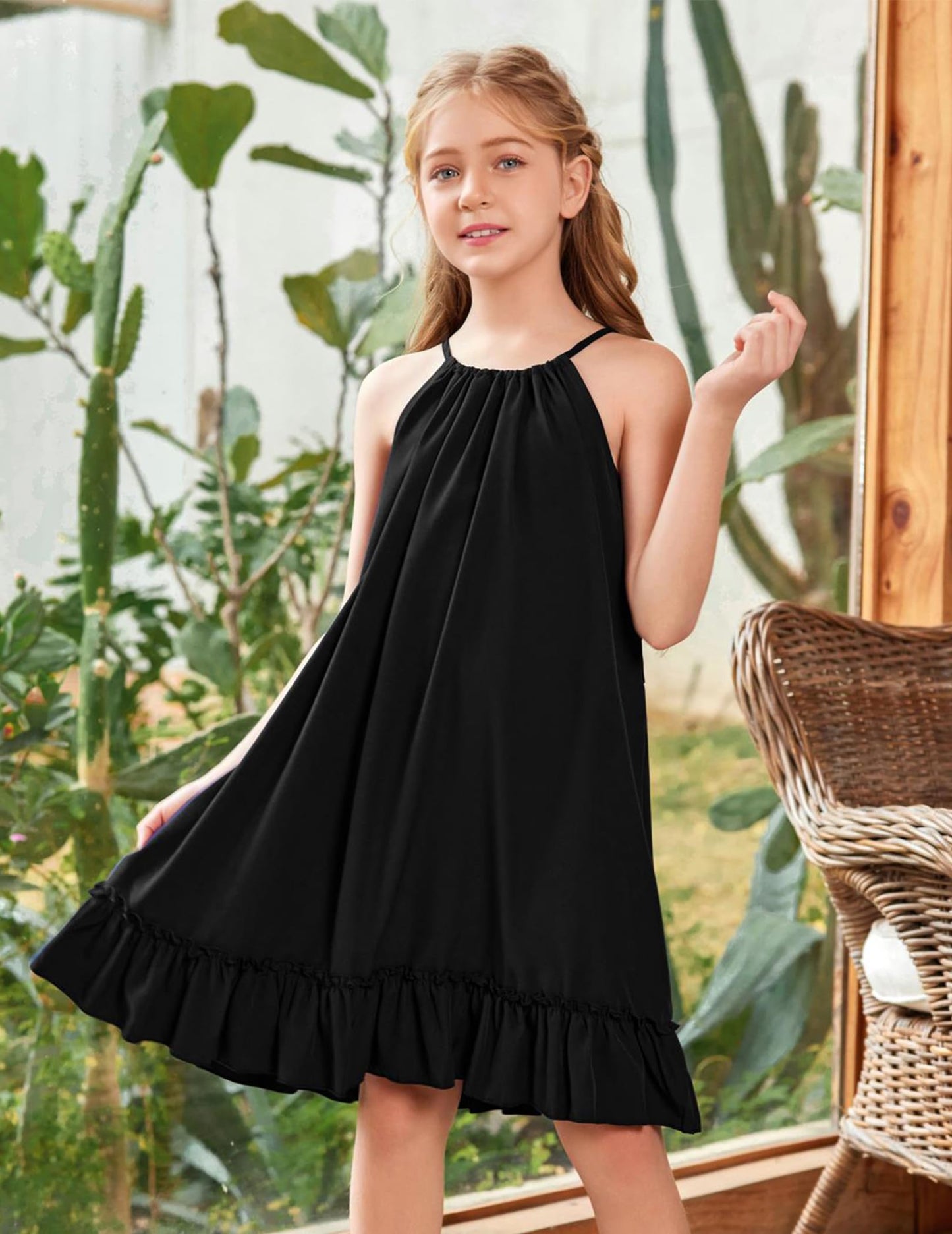 Arshiner Mädchen Kleid Neckholder Sommerkleid Rüschensaum Midikleid A-Linie Kinderkleid Swing Partykleider Abendkleid Kinder Festliche Kleider Freizeitkleid mit Gürtel 6-14 Jahre