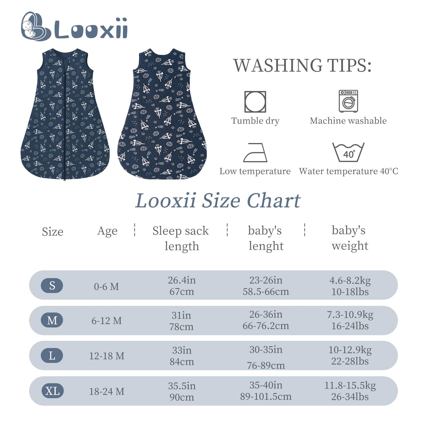 Looxii Baby Winter Sleeping Bag, Cotton, 2.5 Tog, Warm Winter Sleeping Bag, Soft Baby Sleeping Bag, Newborn in 6-12 Months, Perfect for Autumn, Winter