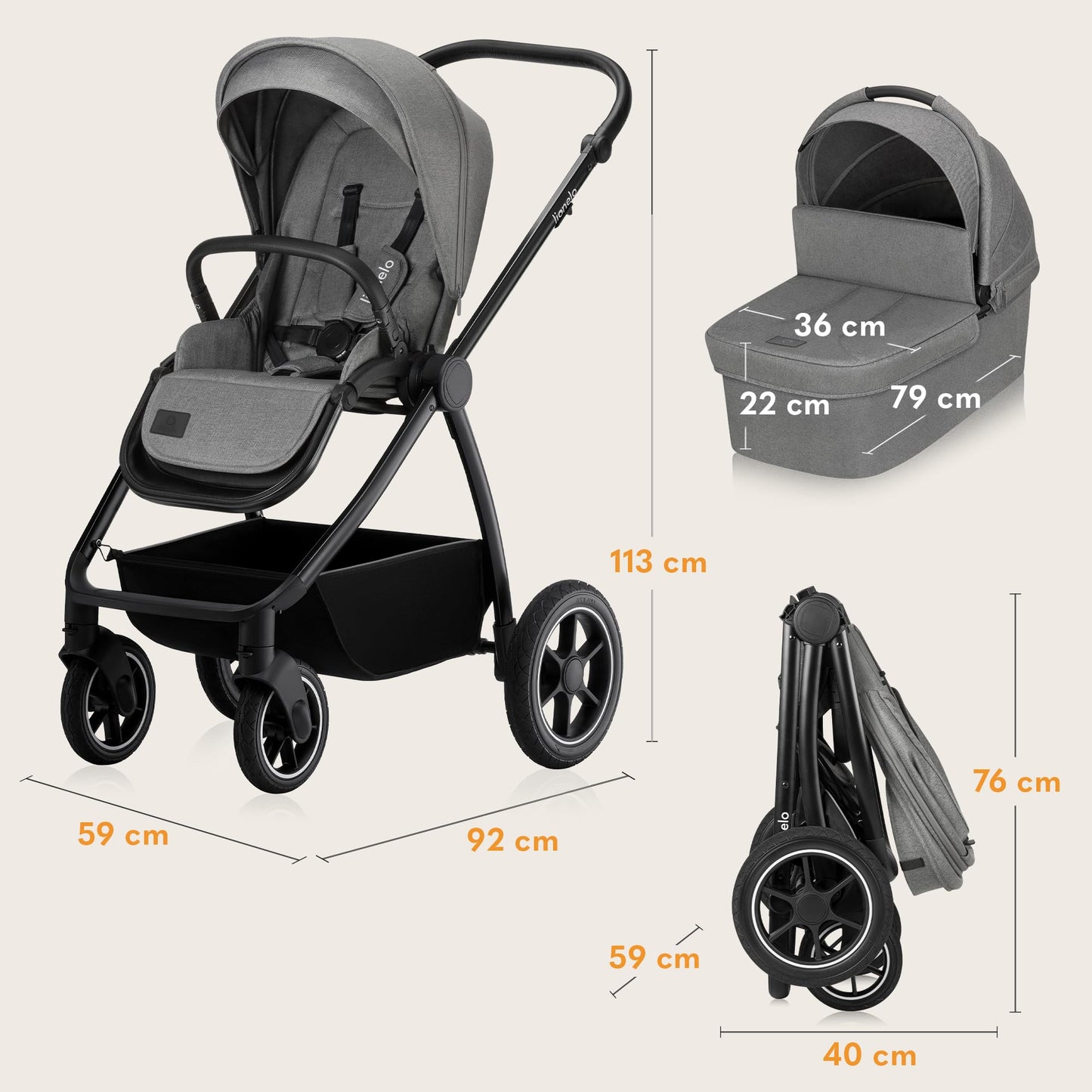 LIONELO MERIL 3-in-1 Multifunktionaler Kinderwagen 0-48 Monate Bis zu 22 kg, Babywanne bis zu 9 kg, Kindersitz bis zu 13 kg, Geländeräder 360°, Vollfederung, XXL-Verdeck mit UPF50+ - Meloni2
