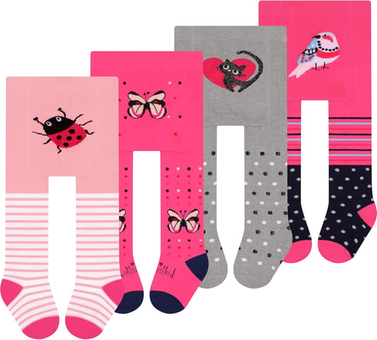 L&K-II Pack of 4 Baby Tights for Baby Girls with Dots Stripes Carzen and Butterfly Motif 2762