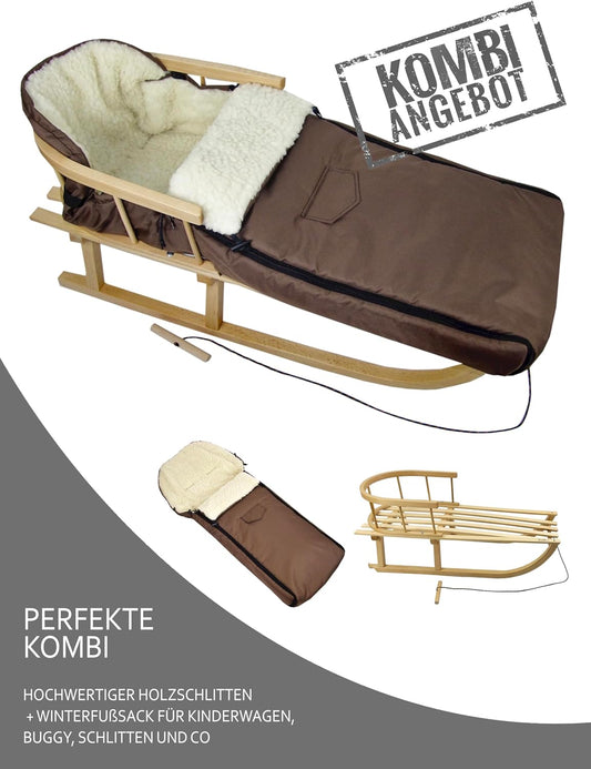 Bambiniwelt Combination Offer Wooden Sledge with Backrest and Pull Rope + Universal Winter Foot Muff (108 cm), Also Suitable for Baby Seat, Pushchair, Buggy, Made from Wool Uni
