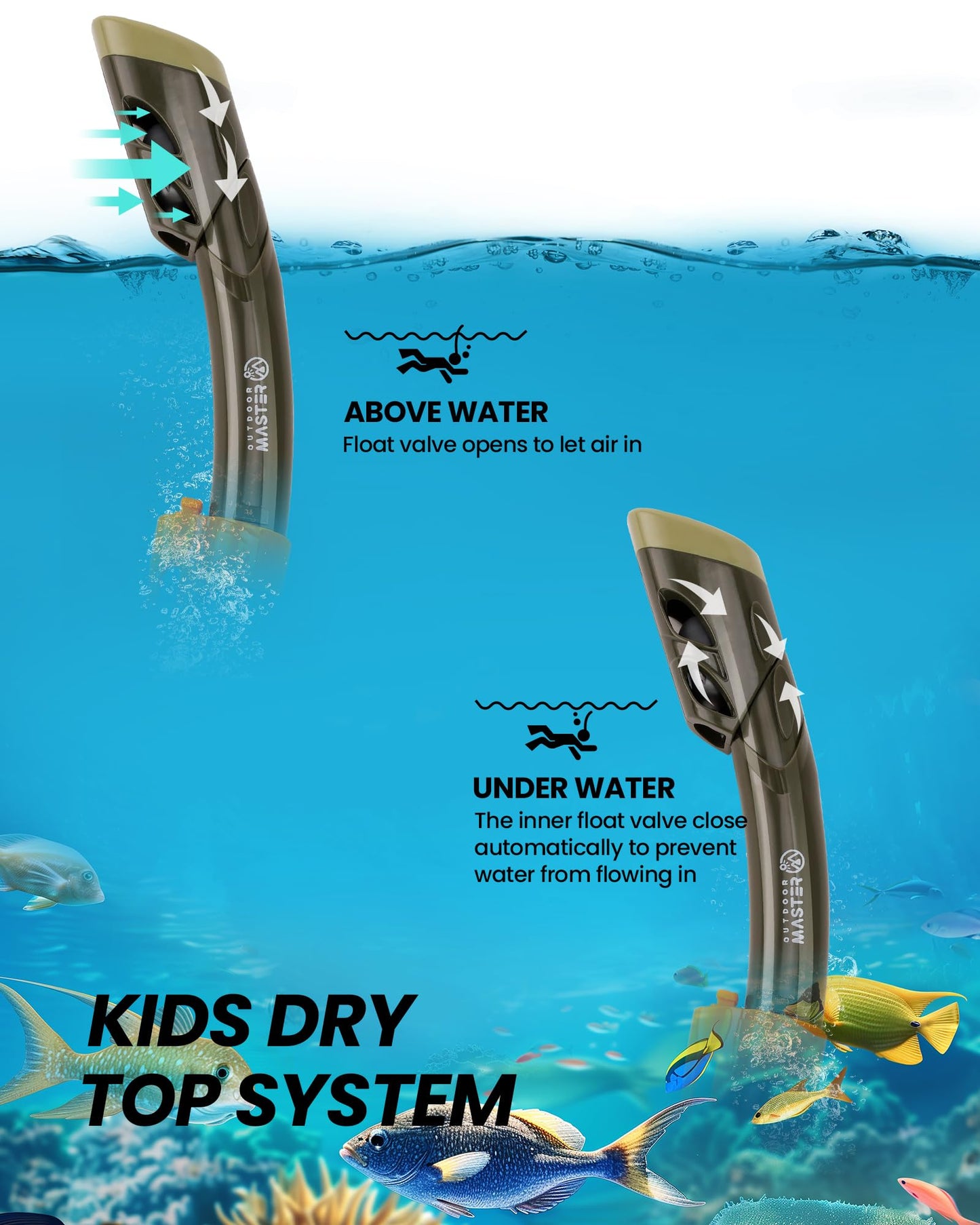 OutdoorMaster Marlin Children's Snorkel Set, Adjustable Strap, Dry Top Diving Mask, Anti-Fog Snorkel Mask, Children's Swimming Goggles for Boys and Girls, Age 4-14