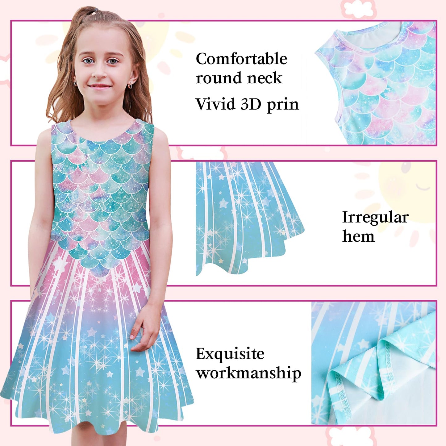 kids4ever Mädchen Kleid Ärmellos Sommerkleid Rundhals A-Linie Swing Kleid Meerjungfrau Galaxie Prinzessin Party Geburtstag 4-12 Jahre
