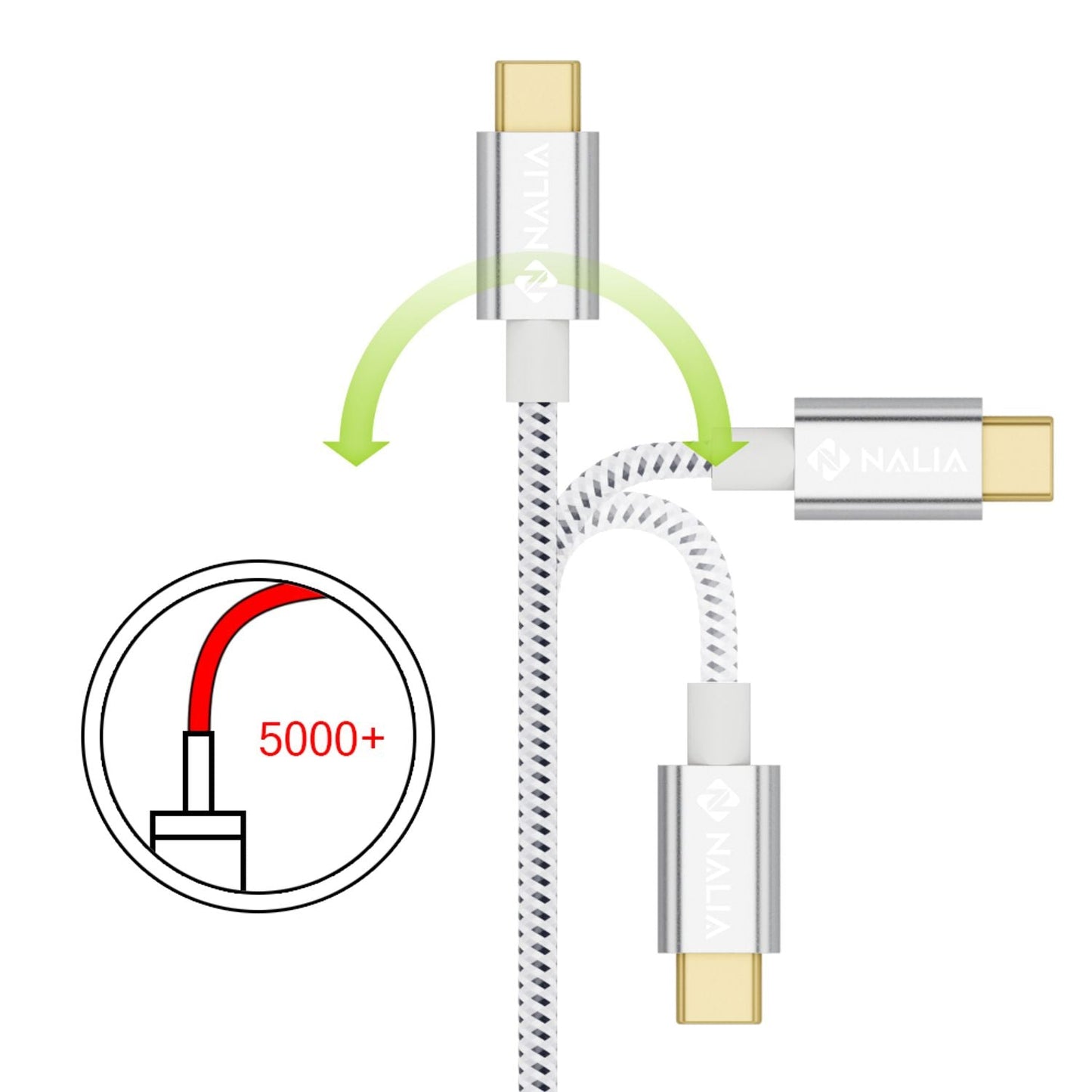 NALIA 2m USB C auf USB 2.0 Kabel, Stabiles Nylon Sync Ladekabel/ Datenkabel für USB 2.0 Typ C Geräte z.B. kompatibel mit Macbook, Chromebook Pixel, Samsung S8, Huawei P10, GoPro etc. - Weiß Schwarz