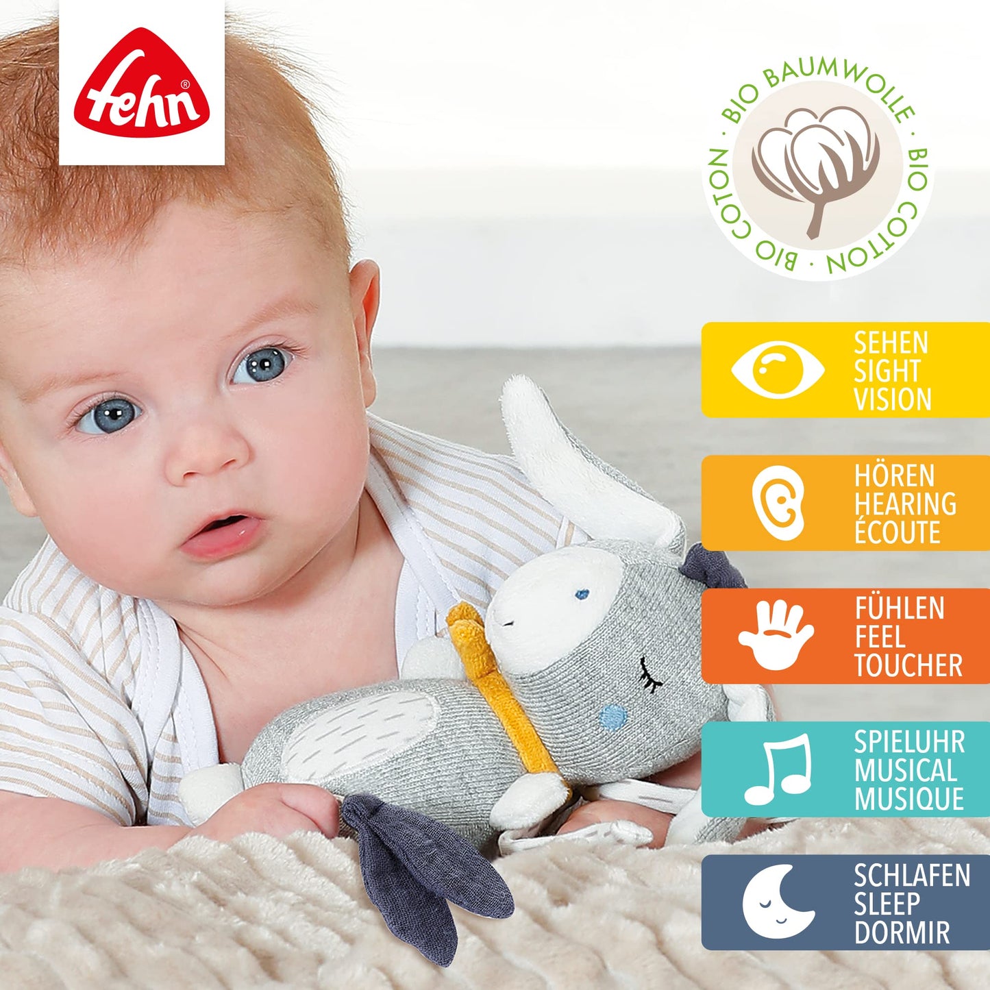 Fehn Mini-Spieluhr Fee – Kuscheltier & Einschlafhilfe: Aufzieh-Spieluhr mit sanfter Melodie „Schwanensee“ beruhigt in jeder Situation – für Babys und Kleinkinder ab 0+ Monaten