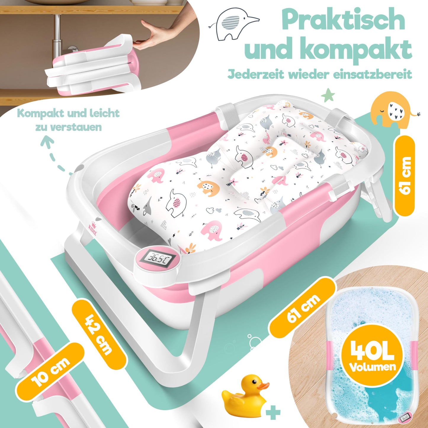 KIDIZ® Baby Bathtub, Baby Bathtub, Space-Saving & Foldable, Bath Tub, Shower Tray for Newborns, Toddlers, 0-24 Months, Portable Travel Shower for Babies, Ergonomic Bathtub with Thermostat and