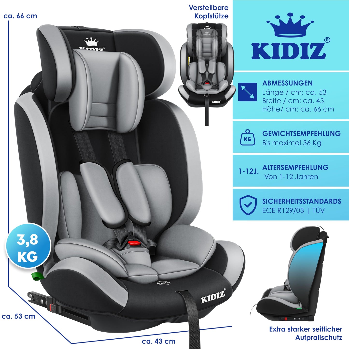 KIDIZ® Autokindersitz Kinderautositz Gruppe 1+2+3 9-36 kg 5-Punkt-Sicherheitsgurt, Autositz, Kindersitz, Einstellbare Kopfstütze, Mitwachsende Sitzerhöhung 1-12 Jahre, Stabil und Sicher