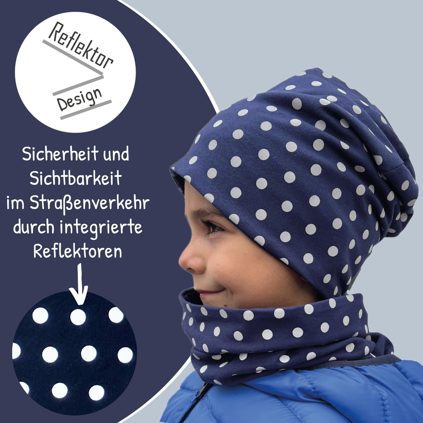 Heckbo 360° Reflector Children's Hat & Loop Scarf Set, Many Designs, 2–8 Years, 95% Cotton, Soft & Easy-Care Stretch Material, for Boys, Girls, Beanie for Spring, Summer, Autumn, Winter