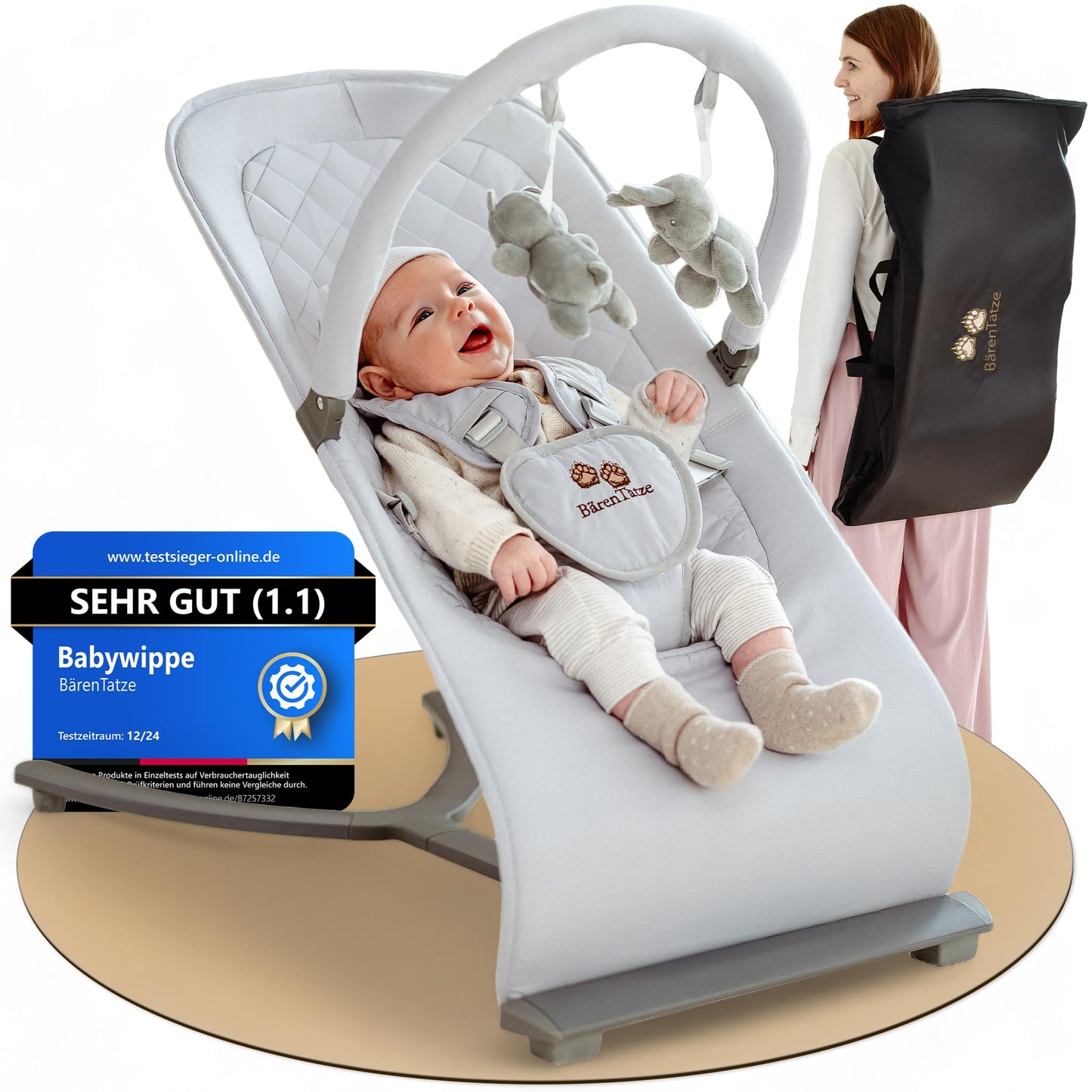 BärenTatze Baby Rocker Newborn from Birth, Ergonomic, Height Adjustable with Play Arch and Storage Bag, Baby Swing, Baby Bouncer, Swing, Cradle, Rocker, Grey Quilted Pattern