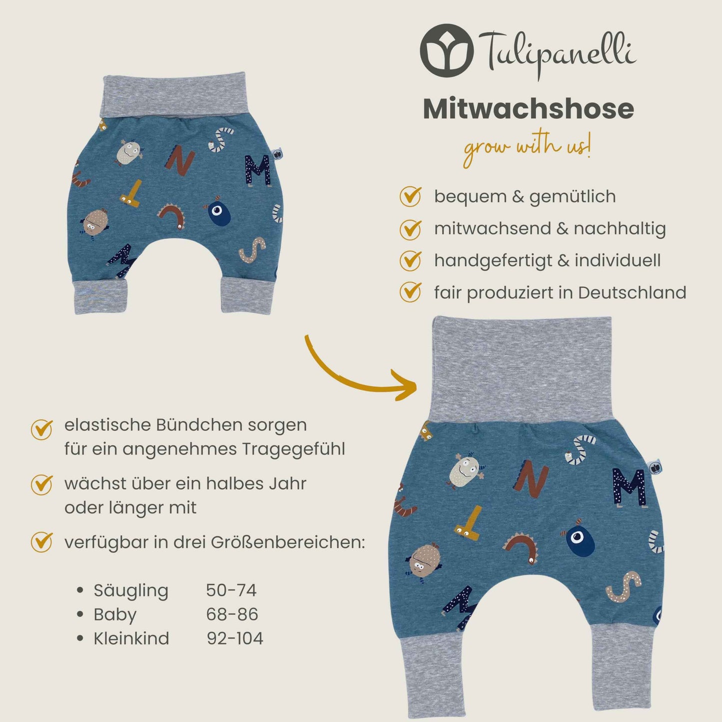 Growing Baby Baggy Trousers Made of Cotton Jersey - Handmade Growing Trousers Baby Trousers for Boys - Sizes 50-74 | 68-86 | 92-104 (Mini Rainbow Brown, 50-74)