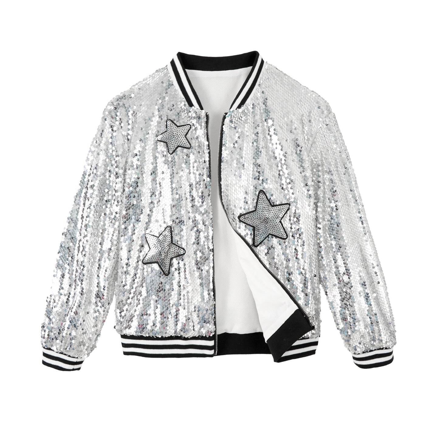 LOLANTA Girls Sequin Bomber Jacket with Pockets Zipper Long Sleeve Glitter Baseball Jackets for Kids 4-13 Years