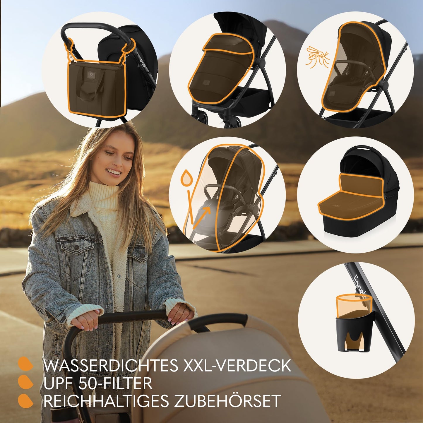 LIONELO MERIL 3-in-1 Multifunktionaler Kinderwagen 0-48 Monate Bis zu 22 kg, Babywanne bis zu 9 kg, Kindersitz bis zu 13 kg, Geländeräder 360°, Vollfederung, XXL-Verdeck mit UPF50+ - Meloni2