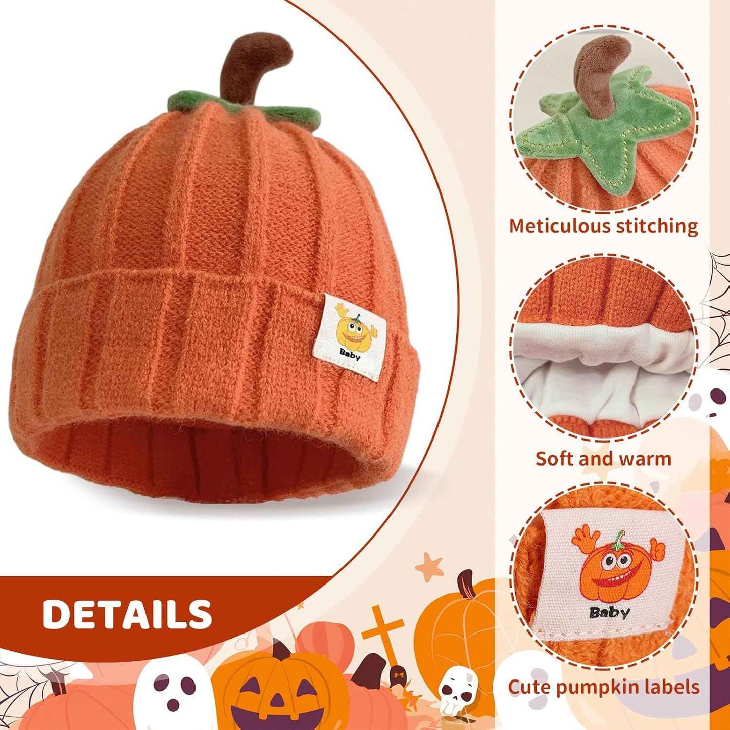 CharmBurst Baby Hat Pumpkin Design Orange, Soft Winter Hat for Boys and Girls, Children's Beanie Hat Halloween Gift, Winter Warm Hat Baby Gift