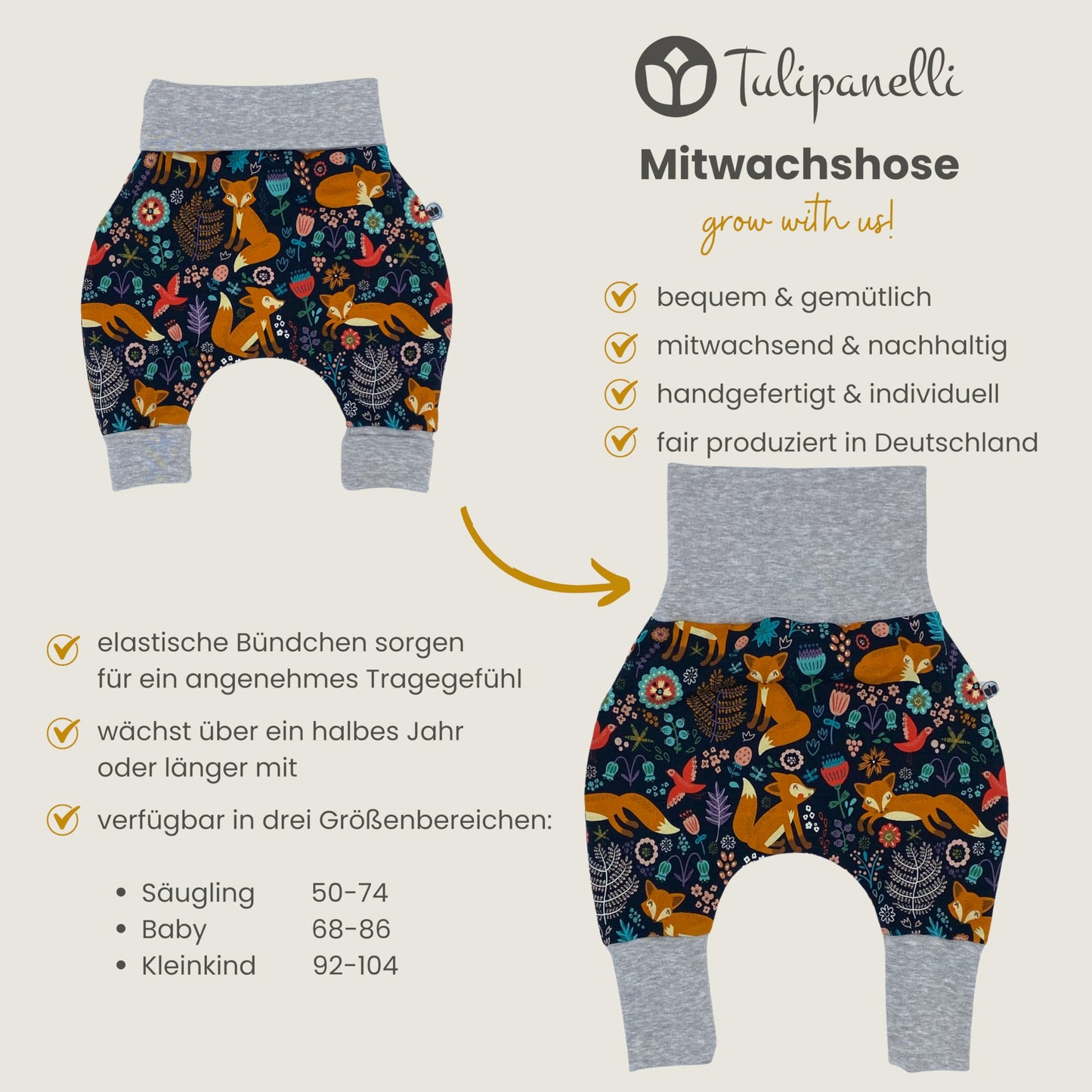 Growing Baby Baggy Trousers Made of Cotton Jersey - Handmade Growing Trousers Baby Trousers for Boys - Sizes 50-74 | 68-86 | 92-104 (Mini Rainbow Brown, 50-74)