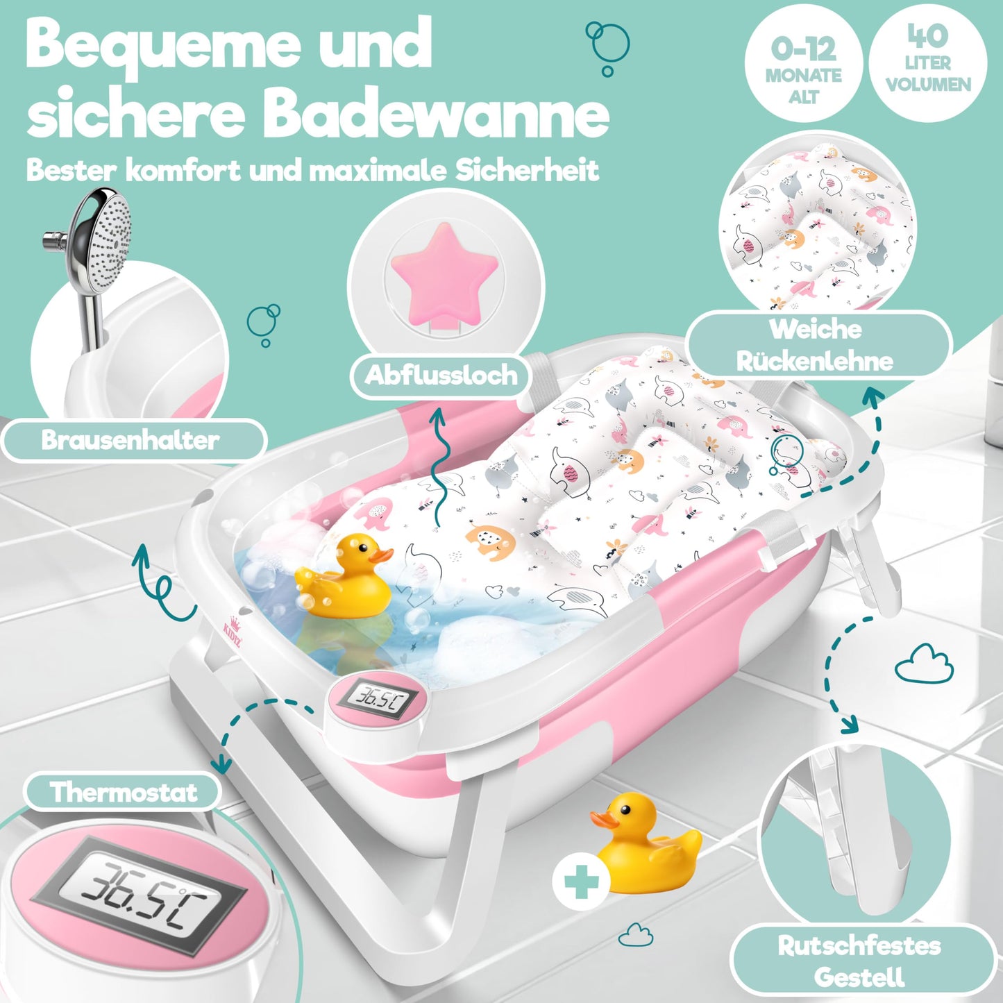 KIDIZ® Baby Bathtub, Baby Bathtub, Space-Saving & Foldable, Bath Tub, Shower Tray for Newborns, Toddlers, 0-24 Months, Portable Travel Shower for Babies, Ergonomic Bathtub with Thermostat and