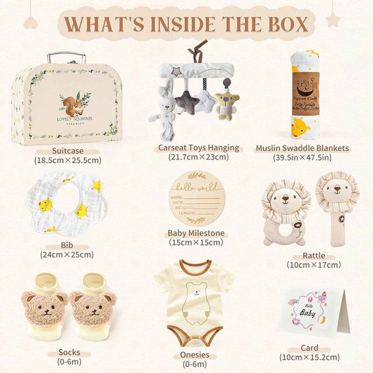 vamei Baby Gift Boys, Newborn Gift Baby Gifts for Birth Boy Girl with Baby Romper Bath Towels Bib Socks Rattle Memory Box Greeting Cards Baby Shower Party