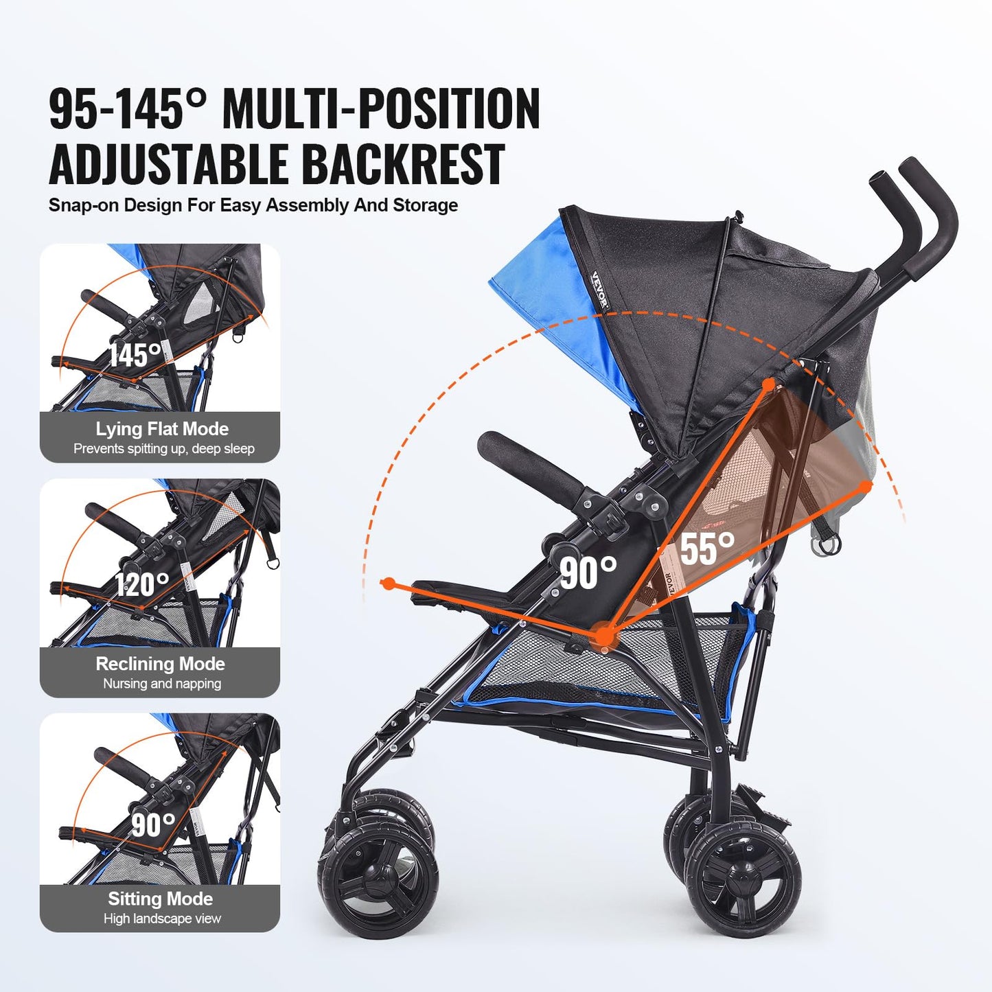 VEVOR Leichter Kinderwagen, kompakt, einfach zusammenklappbar, mit verstellbarer Rückenlehne, Rahmen aus Karbonstahl, großer Aufbewahrungskorb, Kinderwagen mit Schirm für Reisen und mehr, Schwarz/Pink - Meloni2