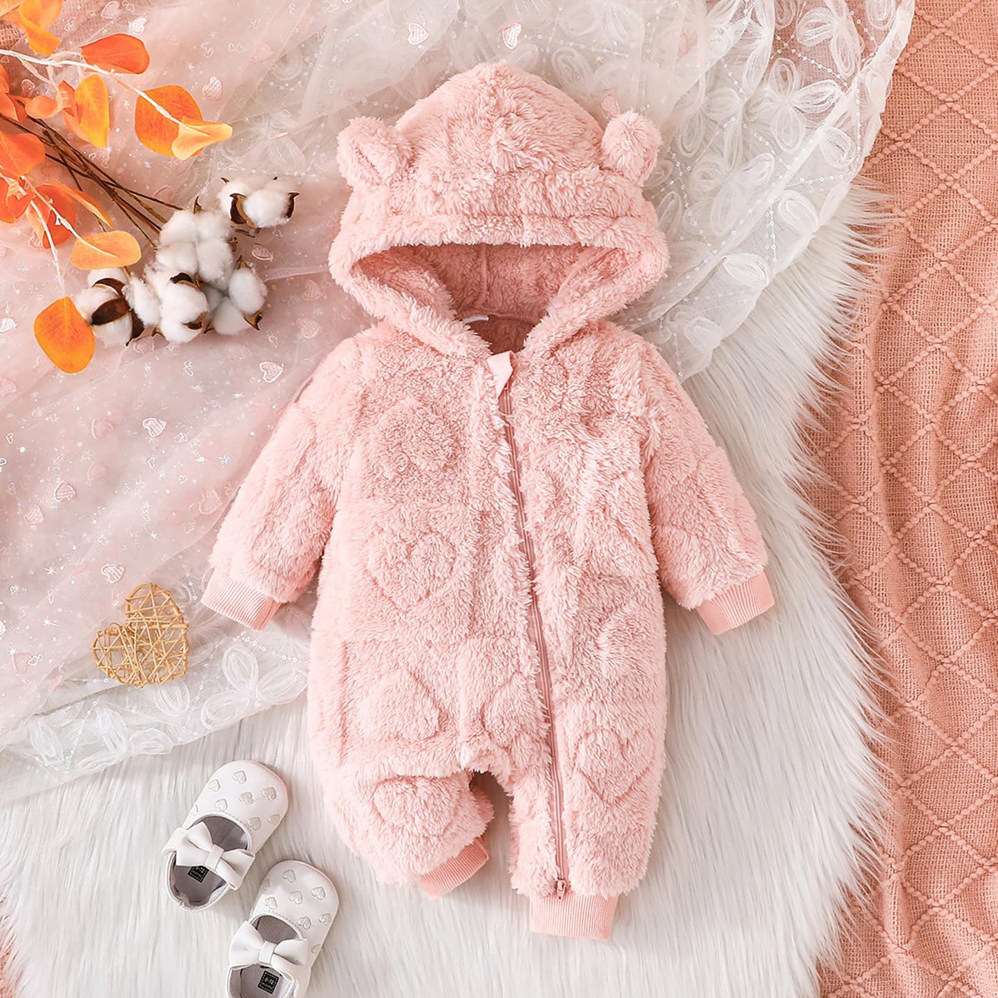 Winmany Newborn Baby Winter Snowsuit Bear Fleece with Hood Jumpsuit Heart Romper Winter Coat Outwear for Boys Girls