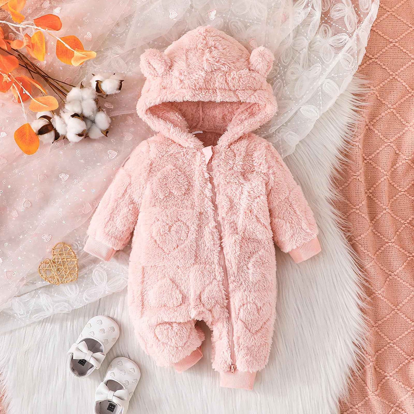 Winmany Newborn Baby Winter Snowsuit Bear Fleece with Hood Jumpsuit Heart Romper Winter Coat Outwear for Boys Girls