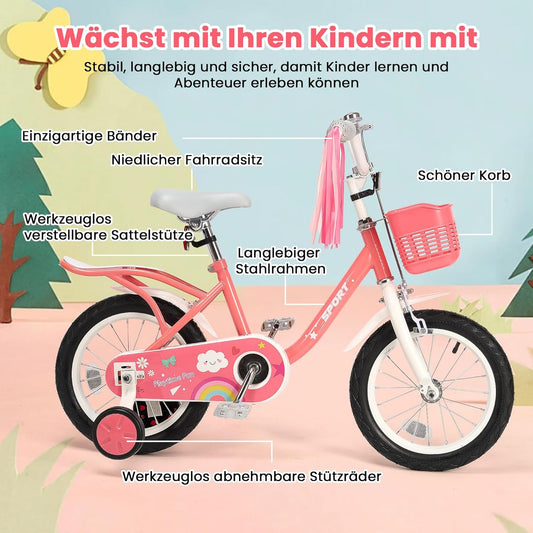 BODIOO 14 Zoll Kinderfahrrad Fahrrad für Mädchenmit und Jungen Stützrädern & verstellbarem Sattelfür Spielrad mit Korb & Klingel Fahrer von 94 bis 107 cm-Rosa - Meloni2