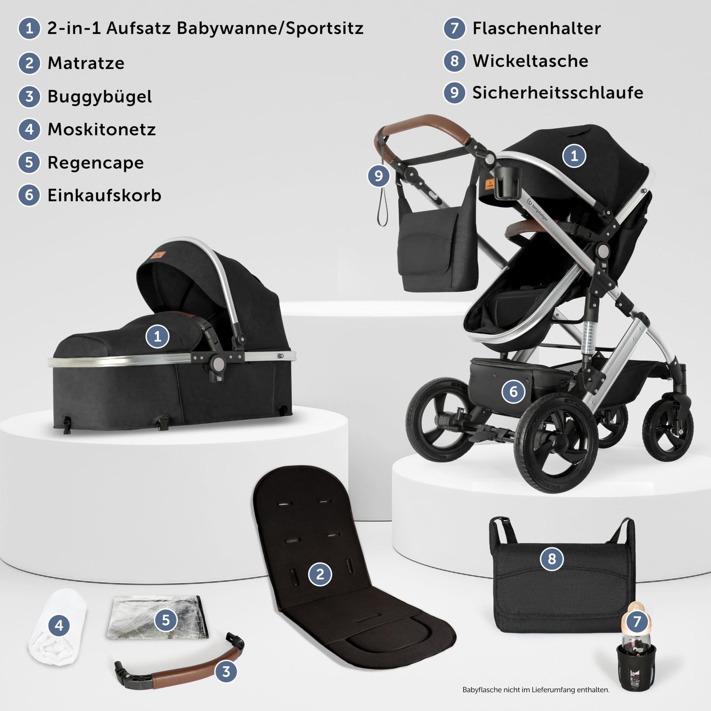 Bergsteiger Nizza 3 in 1 Kinderwagen, Kombikinderwagen Komplettset, Auto-Babyschale & Isofix Station, Babywanne & Buggy Sportsitz inklusive