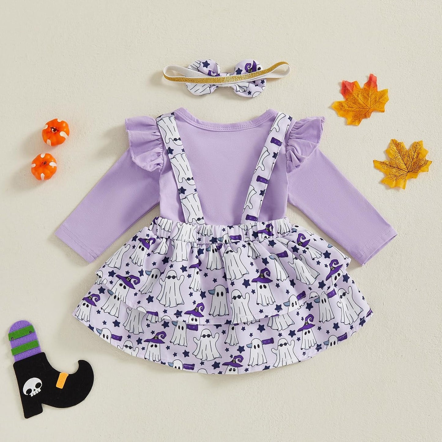 ESSECMBS Infant Baby Girl Halloween Romper Skirt 3 Pieces Clothing Set Long Sleeve Ruffle Shoulder Body Braces Pumpkin Ghost Skirt Headband Girls All Saints Clothing