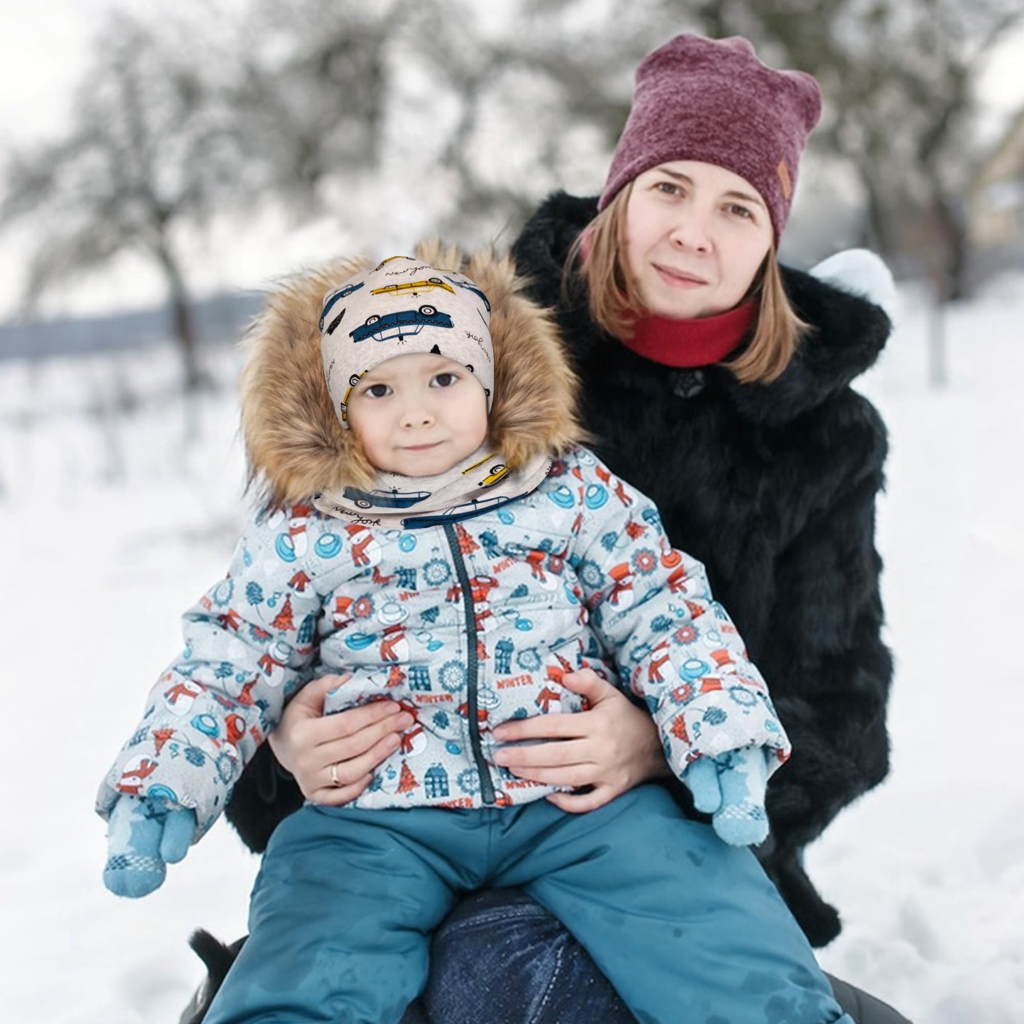 Kinder Beanie Mütze & Loop Schal Set, 95% Baumwolle Mütze Schal Set Mädchen Jungen 2-8 Jahren, Schlauchschal Warme Wintermütze Strickmützen für Herbst Winter Frühling