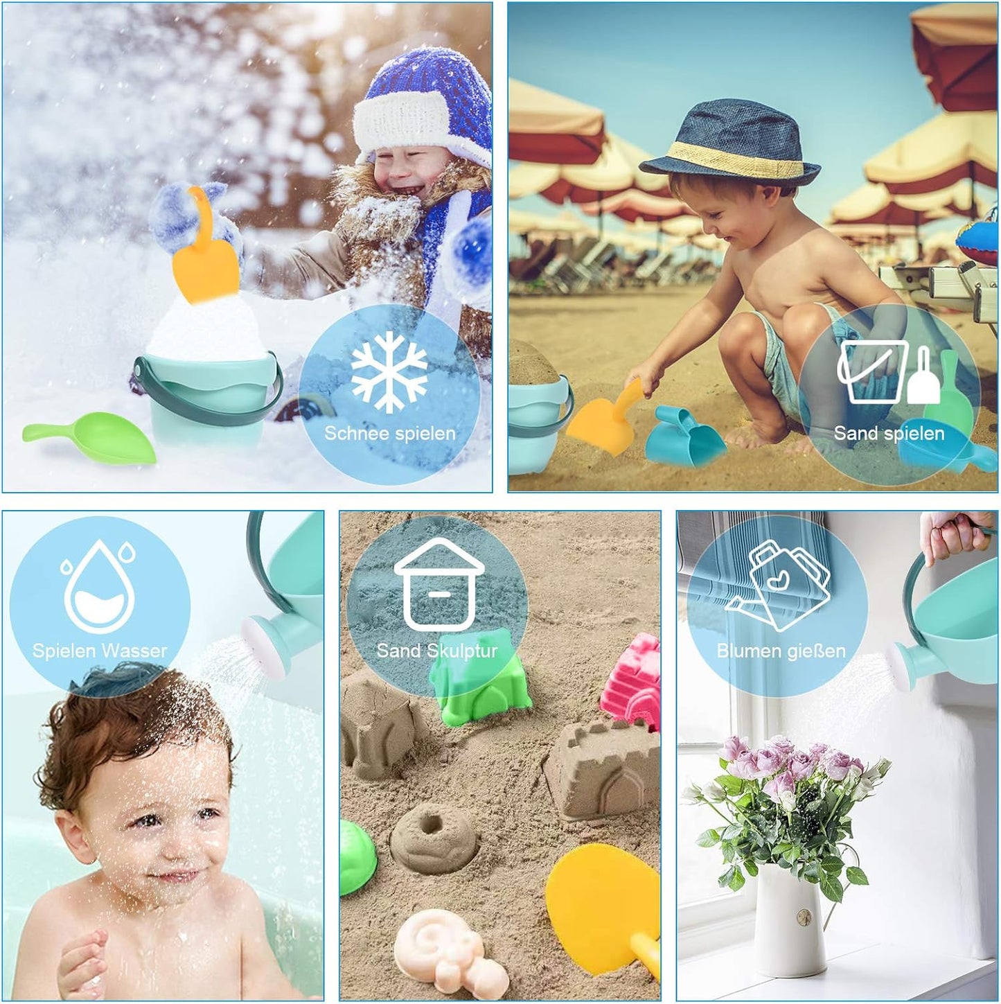 GOLDGE Sand Toy Set, 29 Pieces, Colourful Beach Toy, Sand Toy Set with Car Bucket, Castle Shapes, Mesh Bag, Water Toy for Boys and Girls