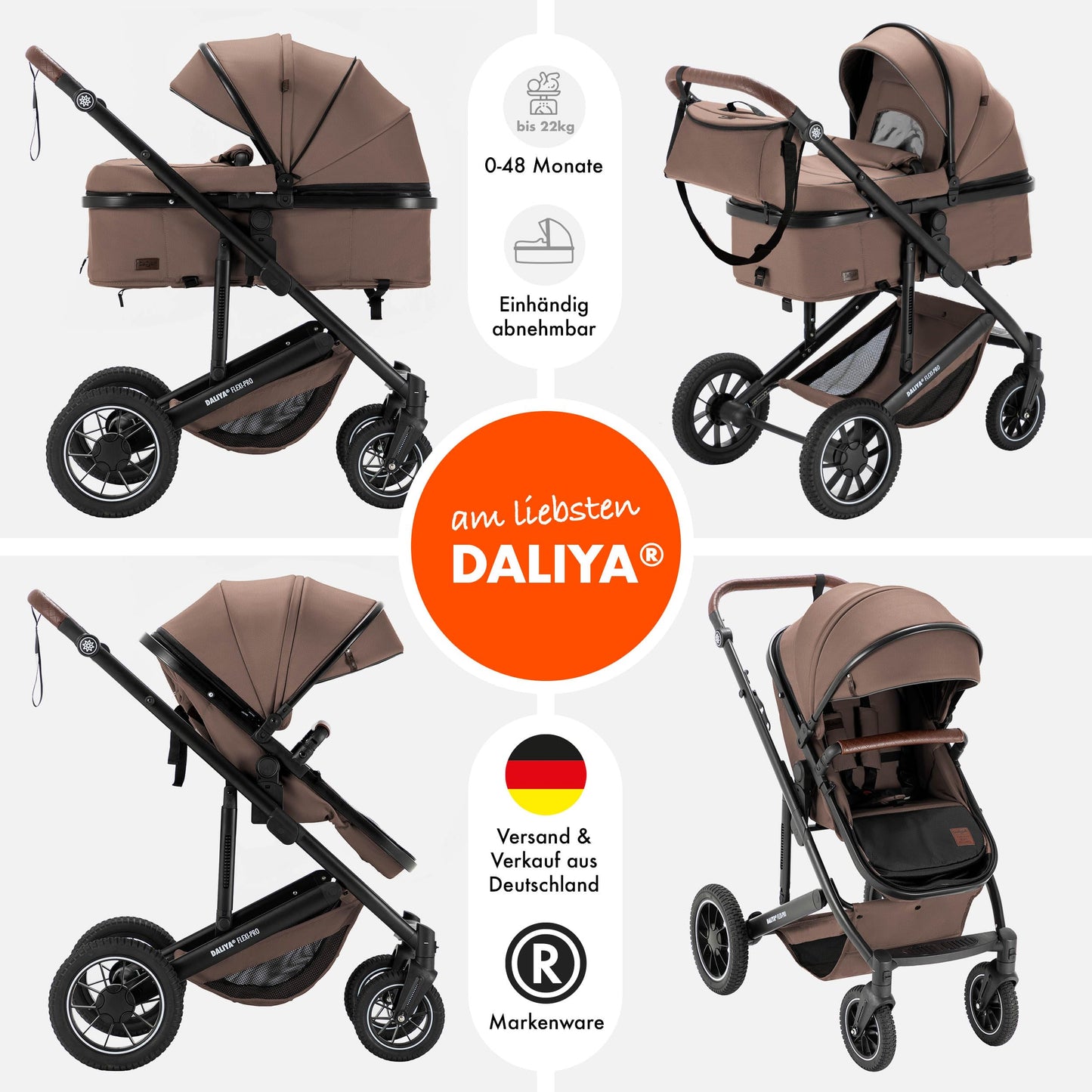 Daliya® FLEXI-PRO M 2in1 Kombikinderwagen & Buggy – XXL-Set, Reise-Kinderwagen mit Einhand-Abnahme, Wetterschutz, Sportsitz, Wickeltasche, Spieltisch, Regenschutz, dicke Matratze (Olivgrün)