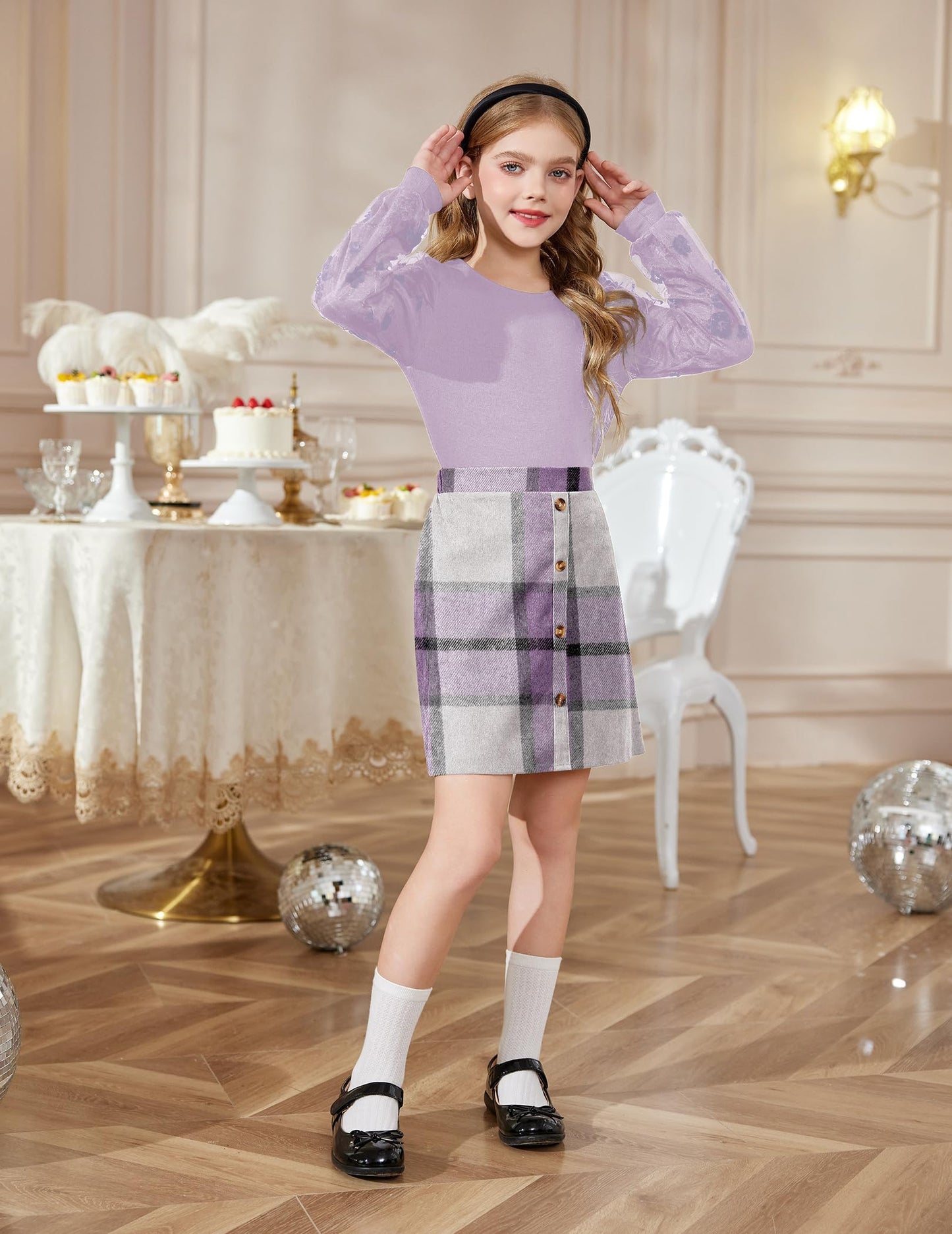 Arshiner Girls' Clothing Sets Elegant Long Sleeve Shirt with Skirt Set Children's Autumn Winter Outfit Checked Leisure Fashion Two Piece Clothing Sets for Girls 5-13 Years