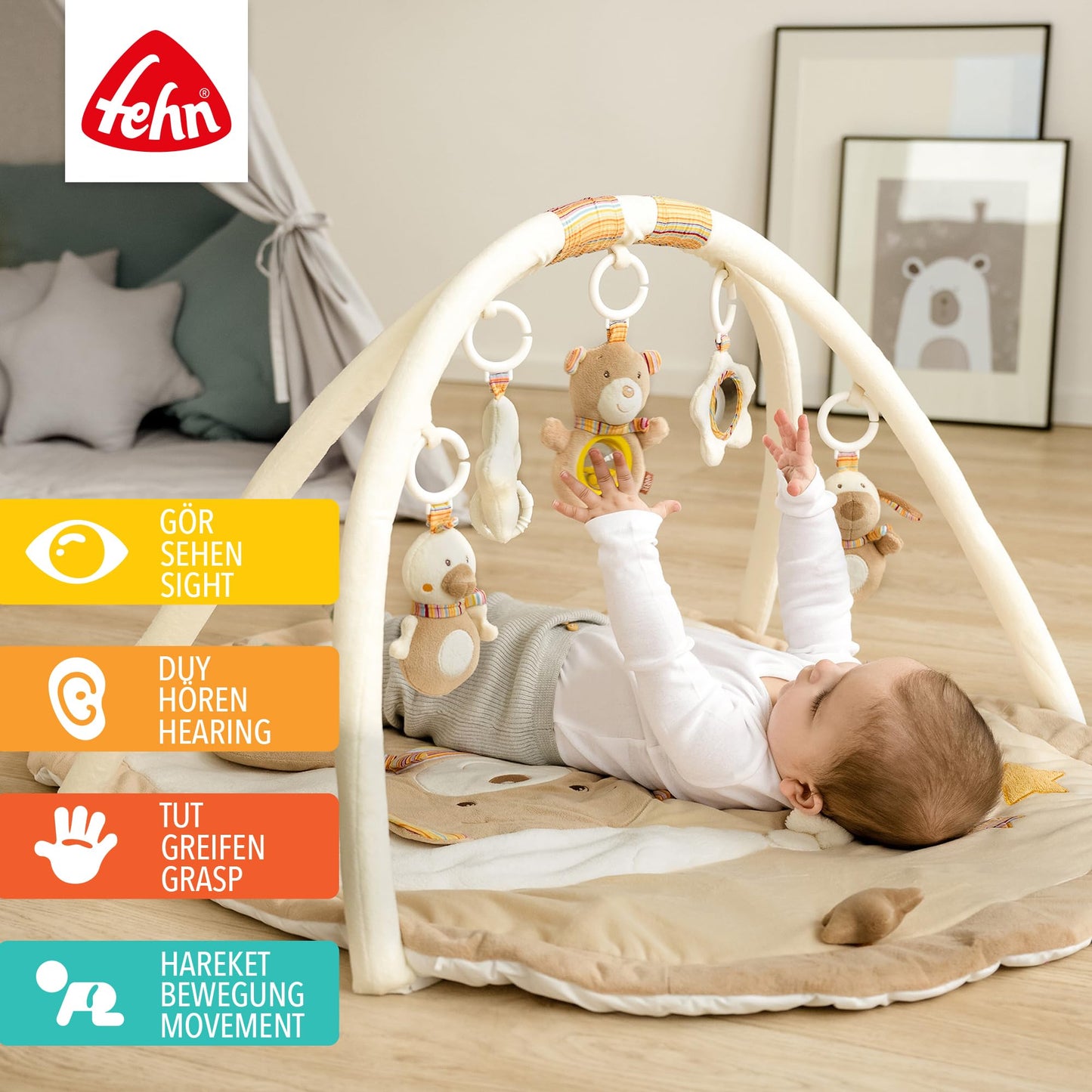 Fehn 3-D-Activity-Decke Spielbogen Peru – Baby Krabbeldecke mit 5 abnehmbaren Spielzeugen zum Greifen – Spieldecke für Babys und Kinder ab 0+ Monaten – Krabbelmatte als Geschenk zur Geburt