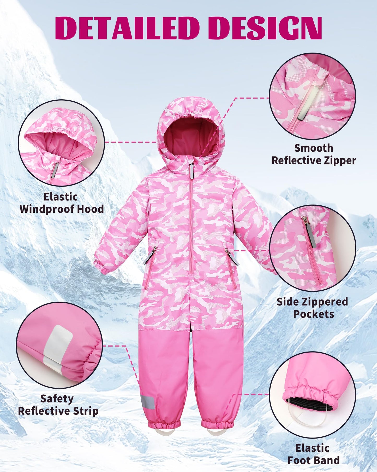 Owntop Children's Unisex Snow Suit Girls Boys Windproof Waterproof Ski Suit with Hood Zip 98-122